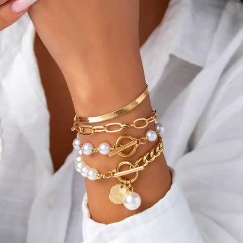 Miniatura 6 de NUTNET Conjunto de 4 piezas Sweet Cool Multi Retrato Imitación Perla Pulsera Set Cadena Personalizada Mujer Handwear, Gema, Cobre
