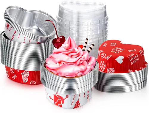 Miniatura 11 de Honeydak 100 juegos de moldes para hornear con forma de corazón, mini molde de aluminio de 3.4 onzas, lata desechable para cupcakes con tapas