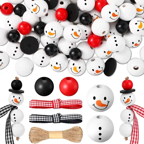 Miniatura 8 de 180 piezas de cuentas de madera de muñeco de nieve de Navidad con estampado de tartán de búfalo de Navidad, cuentas de madera redondas de invierno