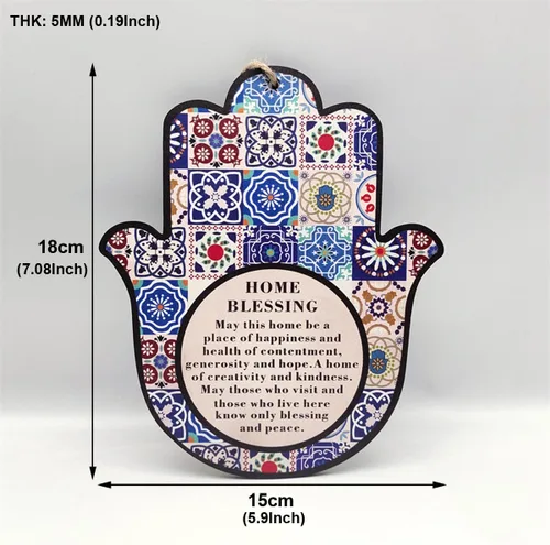 Miniatura 4 de ArancioneandQ Hamsa Good Luck Home Blessing - Amuleto de protección contra el mal de ojo azul oriental para colgar en la pared (English Blessing)