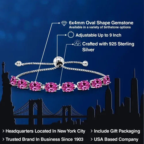 Miniatura 208 de Gem Stone King Pulsera de plata de ley 925 con piedra natal ovalada de 0.276 x 0.197 in para mujer, totalmente ajustable hasta 9 pulgadas