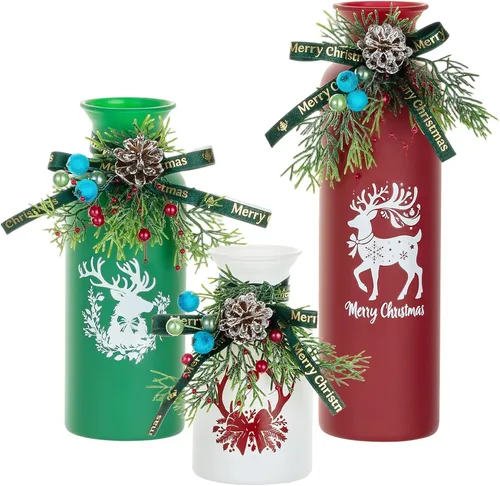 Glasseam Jarrón de Navidad de cristal para decoración, juego de 3 jarrones de flores con renos, jarrones de colores con adorno de Navidad colgante