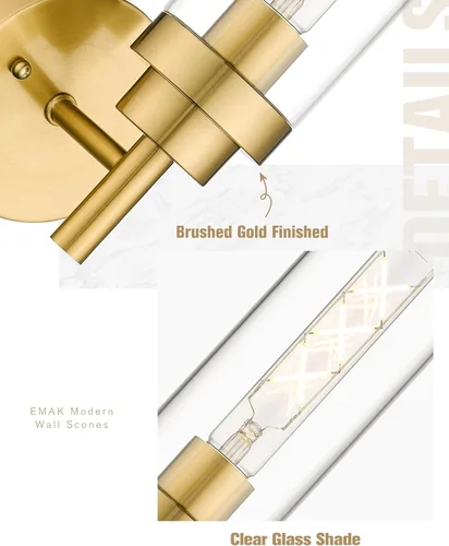 Miniatura 3 de Emak Apliques Dorados Cepillados Decoración de Pared Juego de 2, Luminarias Modernas para Baño Aplique de Pared con Pantalla de Vidrio Transparente