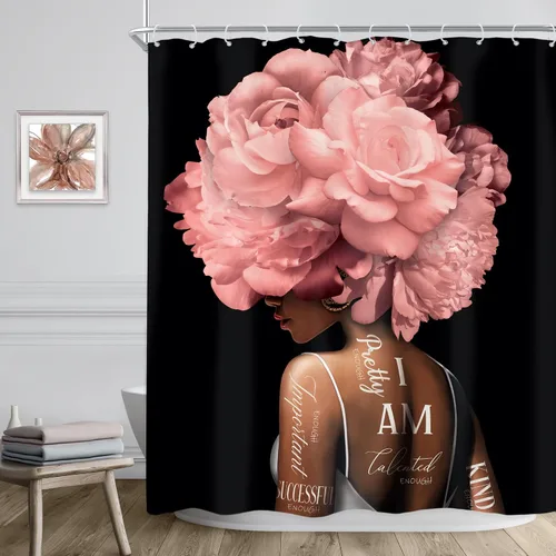 Miniatura 3 de Riyidecor Cortina de ducha afroamericana de 60 pulgadas de ancho x 72 pulgadas de alto, cortinas de ducha para niña y mujer, diseño floral