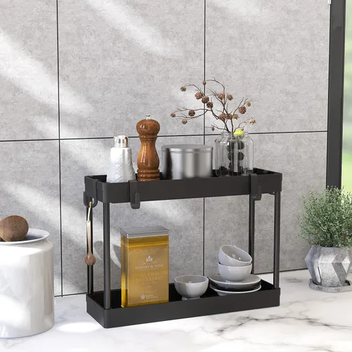 Miniatura 5 de Simple Houseware Bandeja organizadora de 2 niveles para debajo del fregadero con ganchos, color negro