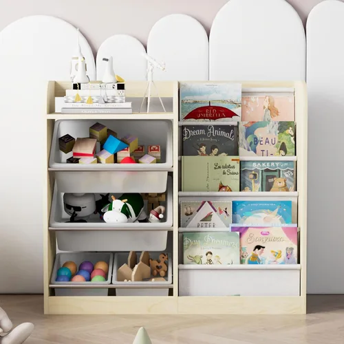 Miniatura 9 de Estantería de madera natural para niños, caja de almacenamiento de juguetes, estante organizador con 4 contenedores de plástico extraíbles