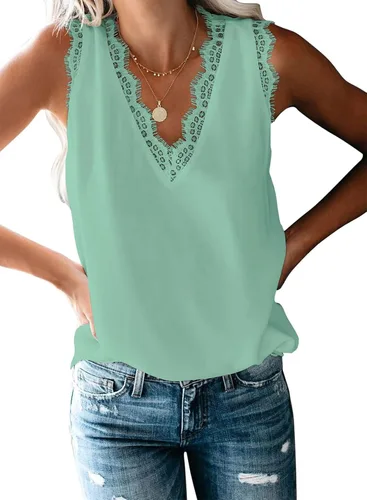 Miniatura 103 de VIISHOW - Camiseta sin mangas, sexy, con cuello en V y bordes de encaje para mujer, camisola de vestir, camisas de gasa, sin mangas, casuales