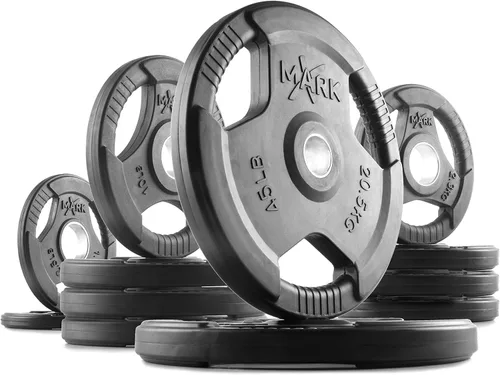 Miniatura 19 de XMARK TRI-GRIP - Par o juego de discos de peso olímpicos, pesas de ejercicio con revestimiento de goma para barra olímpica, juego de pesas