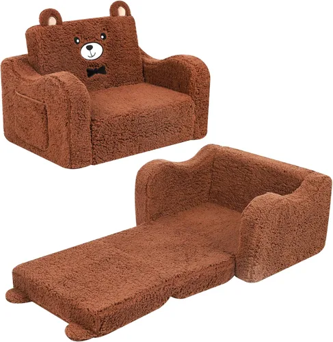 MOMCAYWEX Sofá para niños, sofá de espuma abatible 2 en 1, silla de juego suave para niños pequeños y niños, color marrón