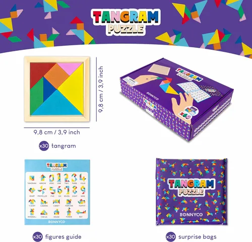 Miniatura 2 de BONNYCO Tangram Puzzle Paquete de Madera de 30 Recuerdos de Fiesta para Niños. Rellenos de Bolsas de Dulces para Niños de 3-5, 4-8, Regalos