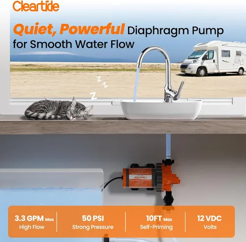 Miniatura 2 de Cleartide Bomba de Diafragma de Agua DC, 12V, 3.3 GPM, 50 PSI, Autocebante 10FT, Autodiagnóstico y Protección contra Funcionamiento en Seco