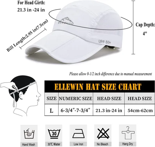 Miniatura 6 de ELLEWIN Gorra de béisbol unisex UPF 50 sin estructura, con pico grande y plegable