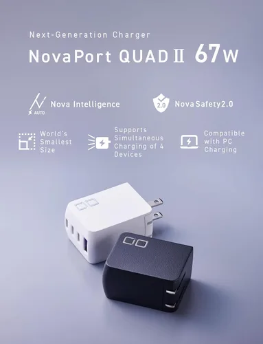 Miniatura 2 de CIO NovaPort Quad II 67W3C1A - Bloque de cargador GaN de 65 W, adaptador compacto de 4 puertos con 3 puertos USB-C y 1 USB-A, carga rápida USBC