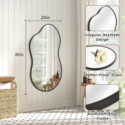 Miniatura 2 de JJUUYOU Espejo de pared irregular con marco de metal negro, espejos decorativos asimétricos de baño, grandes de 20 x 36 pulgadas para sala de estar
