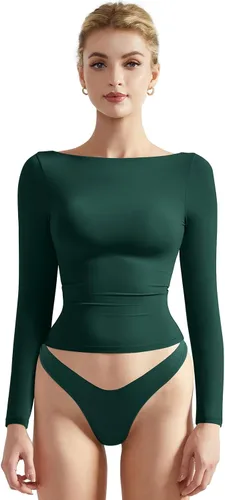 Miniatura 9 de SUUKSESS Camiseta de mujer con cuello redondo, manga larga, doblemente forrada, ajustada y corta