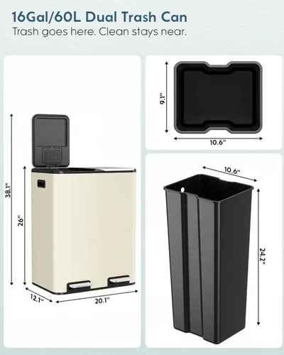 Miniatura 2 de Arlopu Cubo de basura doble de 16 galones con 2 cajas integradas para control de olores, cubo de basura de cocina manos libres, cubo de basura