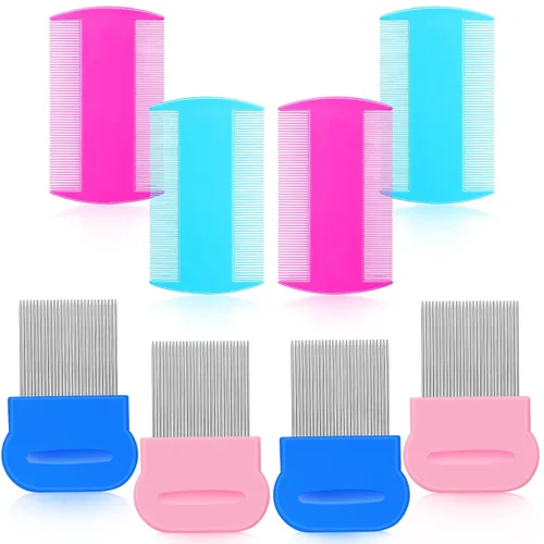 Maitys 8 peines de doble cara para piojos de pulgas, liendres y eliminación de caspa, peine de plástico y metal, peine para piojos para niños y azul.