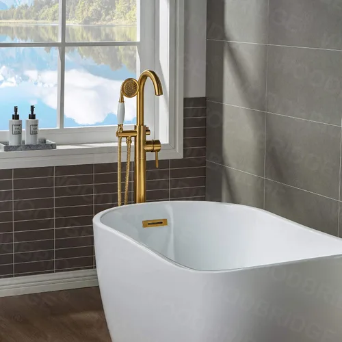 Miniatura 7 de WOODBRIDGE Grifo de llenado de bañera independiente contemporáneo de una sola manija con ducha de mano en acabado dorado cepillado, F0007-BGVT