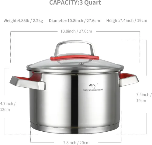 Miniatura 2 de NANFANG BROTHERS Olla de acero inoxidable de 3 cuartos de galón con tapa de vidrio, olla antiadherente de núcleo de cobre de grado alimenticio 316