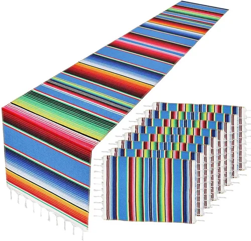 Camino de mesa mexicano con manteles individuales (8 unidades), manteles individuales surtidos de serape mexicano, decoraciones de boda, manta de