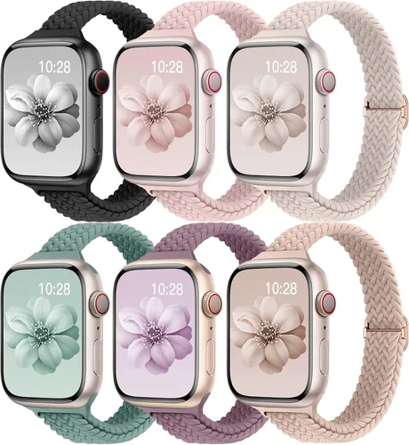 Slim Braided Bands for Apple Watch Band 40mm 41mm 42mm 38mm 46mm 44mm 45mm 49mm Women,Stretchy Solo Loop Nylon Elastic Thin Narrow Skinny Strap for