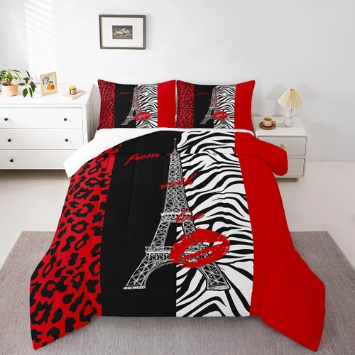 Miniatura 11 de Juego de edredón Manfei Leopardo Rosa Tamaño Individual, Juego de ropa de cama con estampado de cebra negro y blanco 2 piezas para decoración
