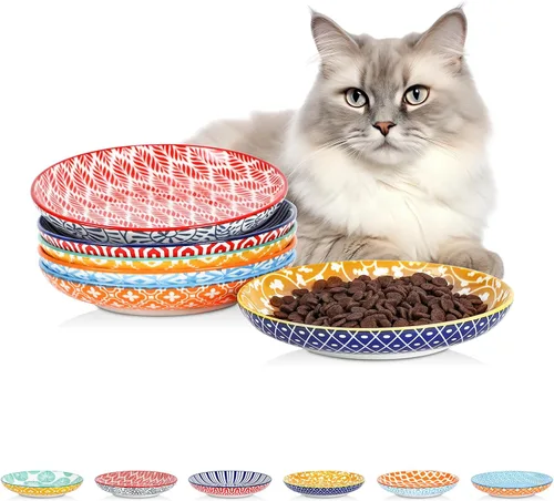 Selamica Cuencos de cerámica para gatos, 6 pulgadas de ancho, cuencos poco profundos para aliviar la fatiga de los bigotes, juego de 6, colores