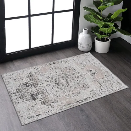 Miniatura 21 de NAAR PAYAS Collection - Alfombra de área de 6 x 9 pies, diseño de medallón crema y azul, no se desprende, resistente a las manchas, para sala