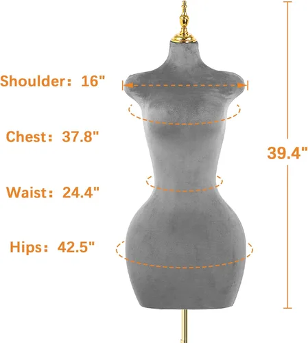 Miniatura 5 de Soporte de trípode de maniquí femenino de terciopelo gris,Maniqui ajustable en altura para cuerda,Maniquí de forma de vestido y exhibición