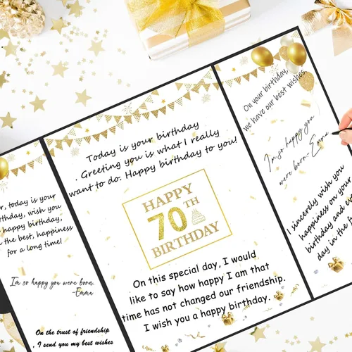 Miniatura 5 de Roetyce Decoraciones de cumpleaños de 70 años, libro de invitados de feliz cumpleaños 70 de oro negro, regalos de cumpleaños 70 para mujeres