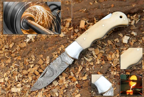 Miniatura 7 de Cuchillo de bolsillo de Damasco hecho a mano de 6.5 pulgadas para hombres, cuchillo de caza con funda para exteriores, camping, pesca, senderismo
