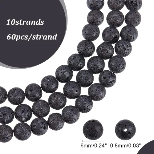 Miniatura 2 de PH PandaHall 600 cuentas redondas de lava negra de 0.236 pulgadas para difusor, fabricación de joyas, pulseras de yoga Negro