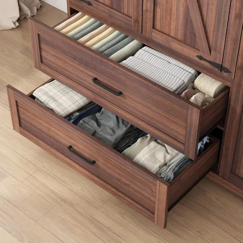 Miniatura 7 de Hlivelood Armario de 3 puertas con puertas y cajones, armario de madera de granja con estantes y barra para colgar para dormitorio, color marrón