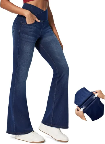 Miniatura 9 de IUGA Jeans de Cintura Alta Acampanados para Mujeres, Jeans Elásticos Acampanados Pull On de Pierna Ancha, Pantalones Leggings Acampanados con Cruz