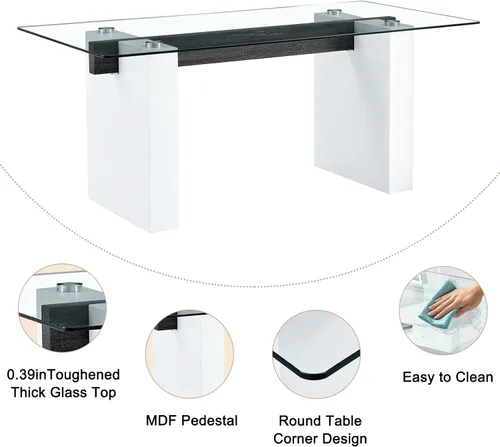Miniatura 3 de Juego de mesa de comedor de vidrio de 71 pulgadas para 6, mesa de comedor para 6, mesa de vidrio templado con marco de MDF blanco y 6 sillas