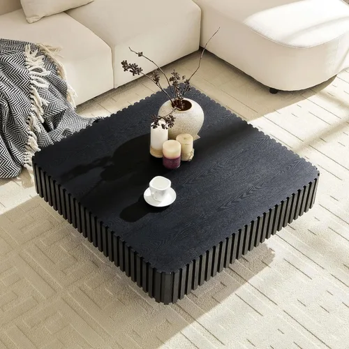 Miniatura 7 de Mesa de Centro Cuadrada de 35.43'' para Sala de Estar Mesa de Centro Acanalada Mesa Central Moderna con Pedestal para Apartamento Negro