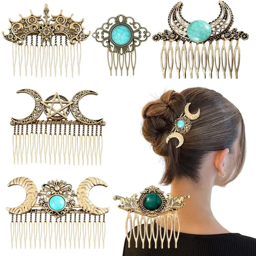 Paquete de 6 peines laterales vintage para mujer, con gemas decorativas, pinzas para el cabello de metal dorado retro con agarre de dientes para