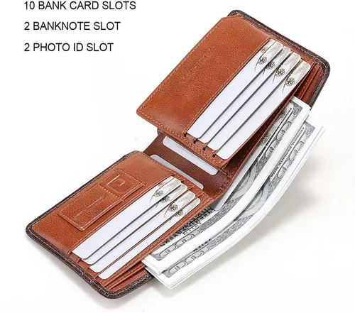 Miniatura 23 de Billetera de piel triple con bloqueo RFID para hombre con 2 ventanas de identificación, 2 compartimentos para efectivo, 6-8 ranuras para tarjetas