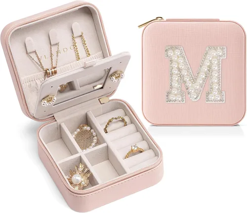 Vlando Joyero de viaje para mujeres y niñas, estuche de joyería de viaje con inicial L, estuche de viaje pequeño, mini joyero de viaje