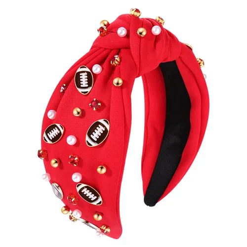 Miniatura 19 de Diadema de fútbol para mamá, accesorios de perlas con diamantes de imitación anudados, banda ancha para el pelo negra, diadema de nudo superior