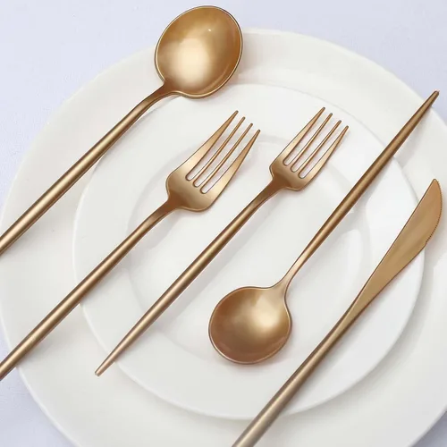 Miniatura 5 de Tableclothsfactory Juego de 50 cubiertos dorados de plástico resistente, cubiertos desechables elegantes de primera calidad