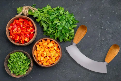Miniatura 3 de HIC Kitchen Mezzaluna - Picador mecedor y cuchillo de picar con asas dobles, acero inoxidable, madera de caucho, para hierbas, verduras, nueces y más