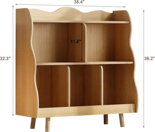 Miniatura 2 de Estantería para niños y organizador de juguetes Treocho, estantería de madera para niños de 3 niveles con diseño curvo, 5 compartimentos