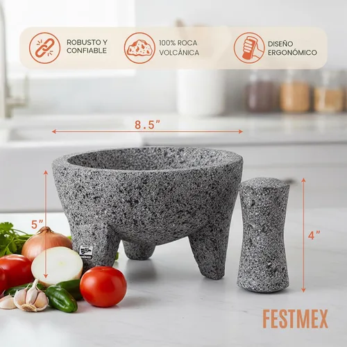 Miniatura 2 de Juego de mortero y mano de mortero mexicano genuino hecho a mano - 8 pulgadas, Molcajete Mexicano — Utensilios de cocina mexicanos perfectos como