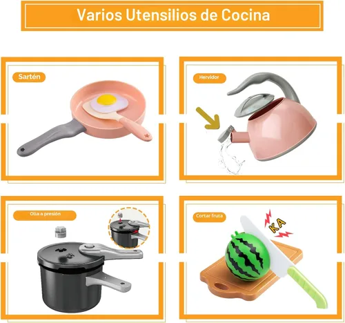 Miniatura 4 de Funpynani - Juego de cocina de 130 piezas para niños pequeños, juego de ollas y sartenes de juguete, utensilios de cocina, alimentos diarios, Rosa