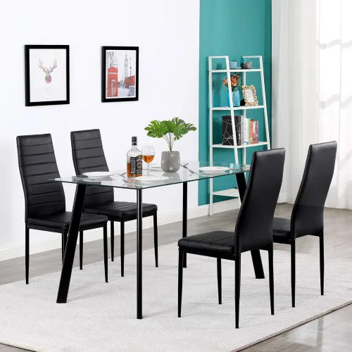 Miniatura 10 de Juego de mesa de comedor de 5 piezas para 4, juego de mesa de cocina contemporáneo con mesa de vidrio templado y 4 sillas de comedor de cuero
