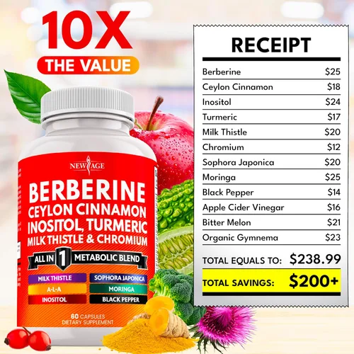 Miniatura 5 de Suplemento de berberina y canela de Ceilán - Melón amargo, glucomanano, Gymnema Sylvestre, cromo, moringa, cardo mariano, cúrcuma, pastillas