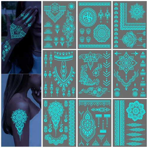 Miniatura 8 de Tatuaje realista de mariposa azul que brilla en la oscuridad, temporal para mujeres adultas, flor luminosa, mariposa, hoja, tatuaje, tatuaje falso