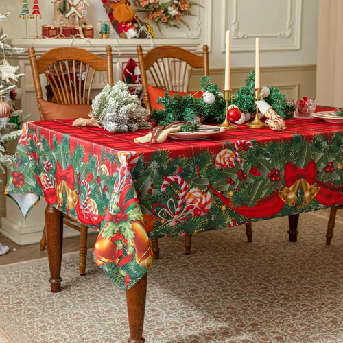 Miniatura 3 de Softalker Mantel rectangular navideño - Rojo tartán a cuadros impreso con campanas de Navidad y caramelos, manteles de poliéster lavables de tela