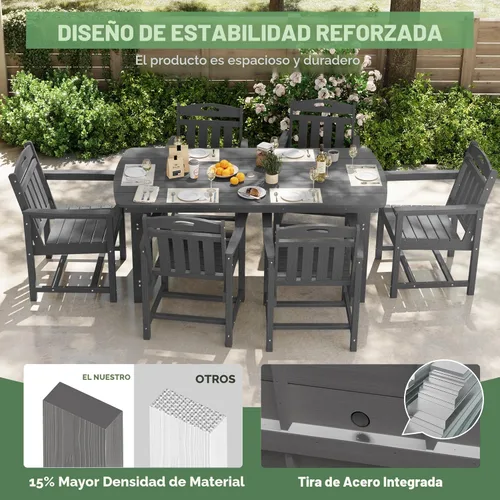 Miniatura 4 de Juego de comedor de patio al aire libre de HDPE con mesa y 6 sillas, juego de mesa y sillas de 7 piezas para todo clima, agujero para sombrilla de 2
